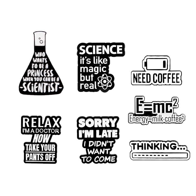 Science Buddies - コーヒータイムエナメルピン科学は魔法のエネルギーコーヒーミルクブローチバッグラペルピンブラックホワイトバッジ科学者ジュエリーギフト友人